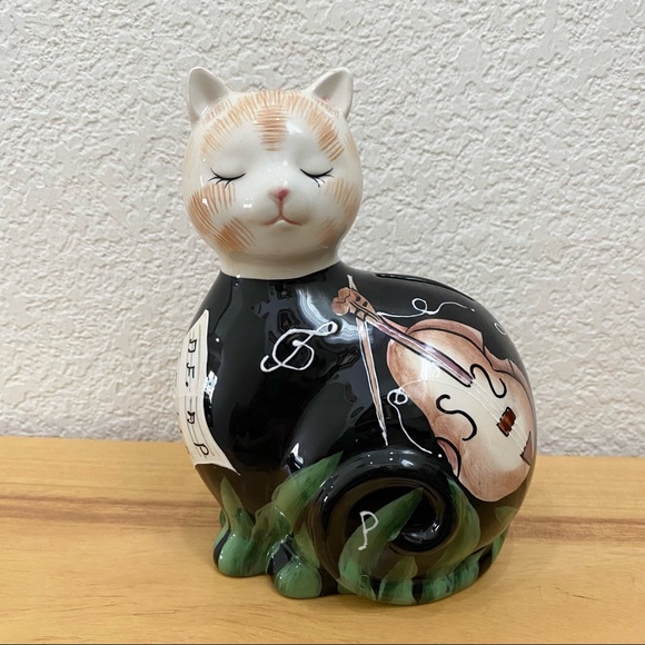 Vintage Ceramic Glazed Cat Piggy Coin Bank Musical Themed Design Violin Music - Picture 1 of 15